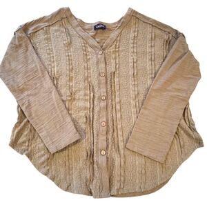 Lace Ruffle Textured Button‎ Front Long Sleeve Top Tan M Earthy Lagenlook Fairy